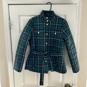 J Crew winter jacket in plaid green with belt